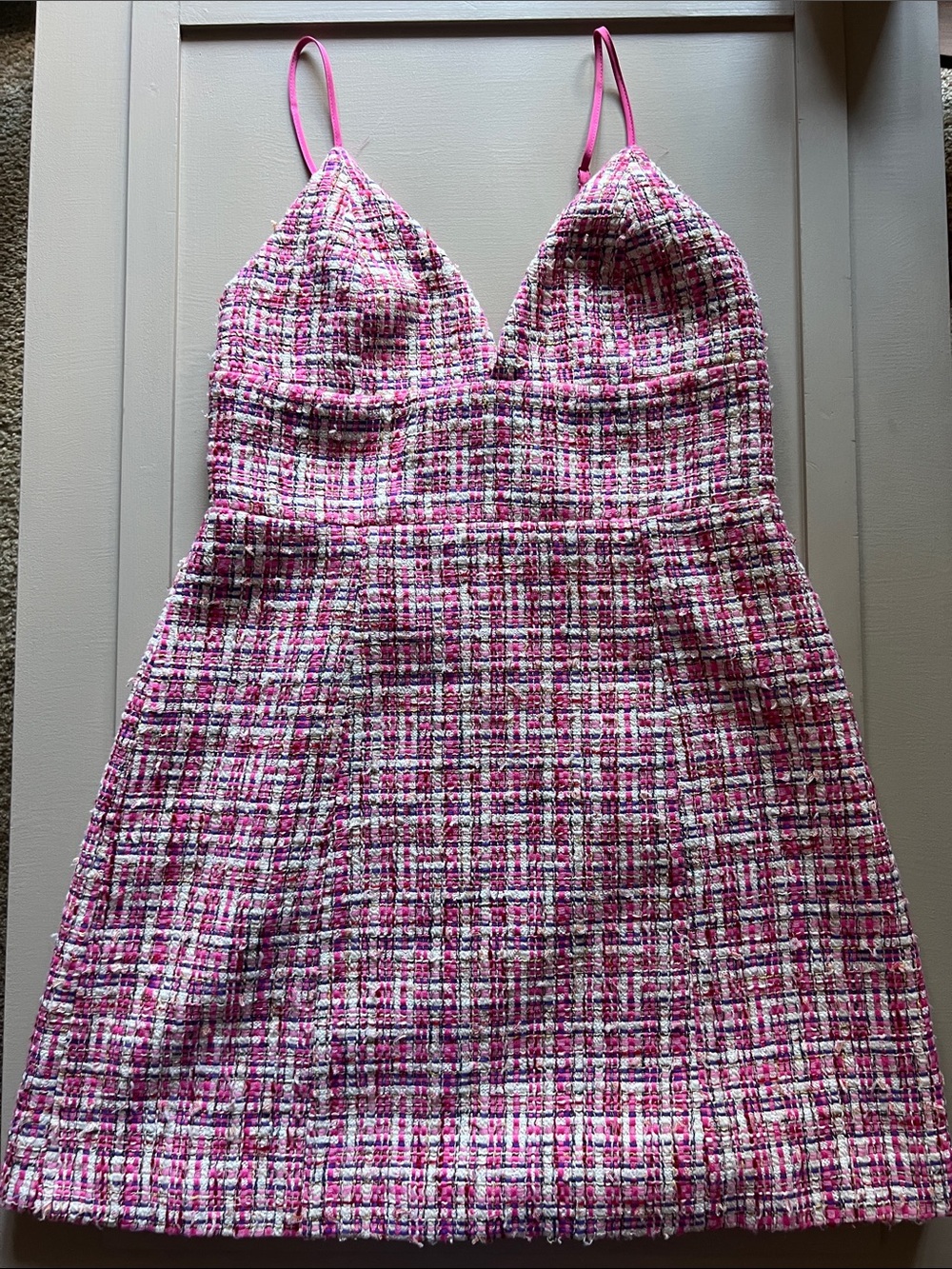 House of Harlow Pink Tweed Spaghetti-Strap Mini Dress